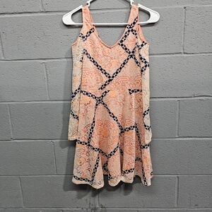 love, Fire Peach and Navy Patterned Long Sleeve Dress